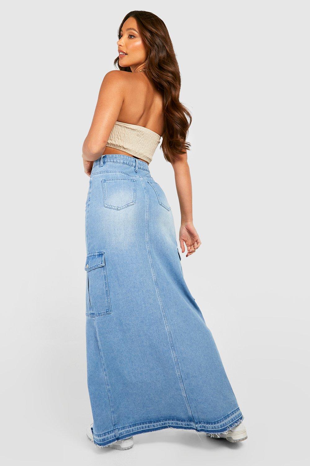 Tall Cargo Split Front Frayed Denim Maxi Skirt | boohoo